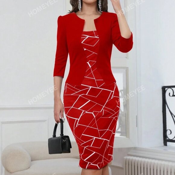HOMEYEE Women's 2XL Printed Patchwork Elegant Striped Red Pencil Dress With 2 In - Picture 1 of 4